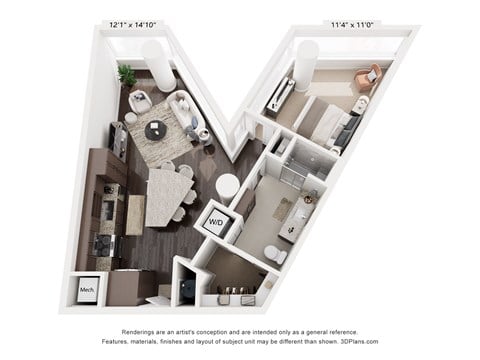 Floor plan for 1 bed, 1 bath, 795 sqft